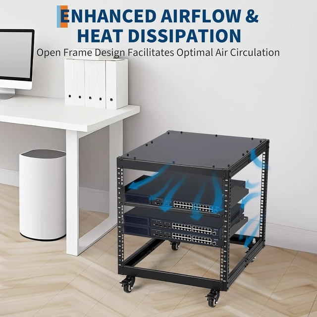 Alt view image 6 of 7 - 10U Open Network Rack, Carbon Steel Server Rack with 2 Trays & Casters, Height Adjustable 22-40in - Ideal for AV Equipment, Servers & Network Devices