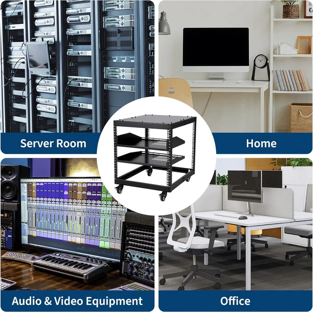 Alt view image 7 of 7 - 10U Open Network Rack, Carbon Steel Server Rack with 2 Trays & Casters, Height Adjustable 22-40in - Ideal for AV Equipment, Servers & Network Devices