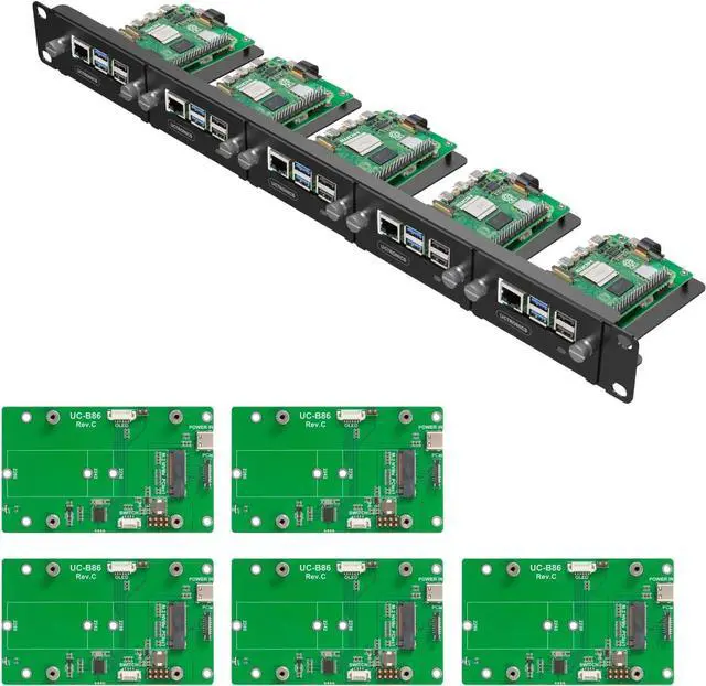 Main image of UCTRONICS 1U Rack Mount for Raspberry Pi 5, 19" Server Rack with 5 PCIe to M.2 NVME SSD Adapters, Support Up to 5 Pi 5