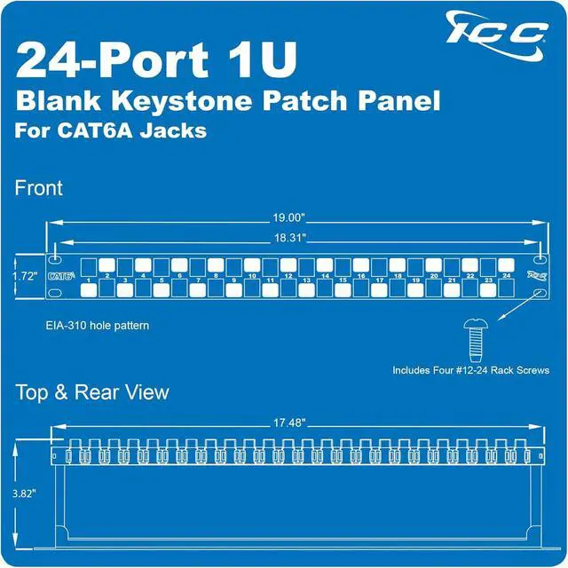 Alt view image 6 of 6 - ICC 24 Port Blank Keystone 1U Patch Panel with 19 Metal Rackmount Housing and Cable Support Bar, Staggered Ports to Reduce ANEXT, Works with Keystone Jacks (Sold Separately), UL Listed, IC107PPU6A