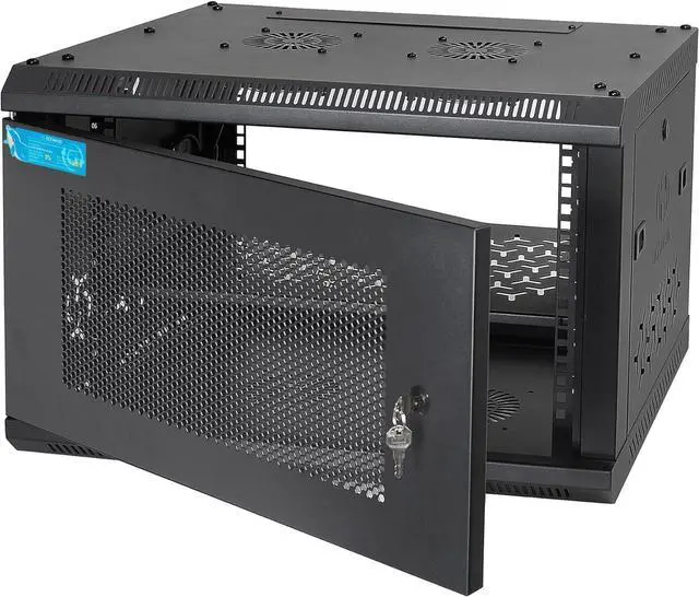 Main image of 6U Wall Mount Server Cabinet with A Lockable Front Vented Door, Cooling Fans, Removable Side Panels - 45cm Depth, 19" Network Rack Including Full-Size Rack Shelf for IT Equipment