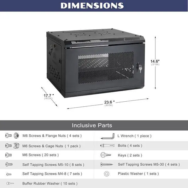 Alt view image 2 of 6 - 6U Wall Mount Server Cabinet with A Lockable Front Vented Door, Cooling Fans, Removable Side Panels - 45cm Depth, 19" Network Rack Including Full-Size Rack Shelf for IT Equipment
