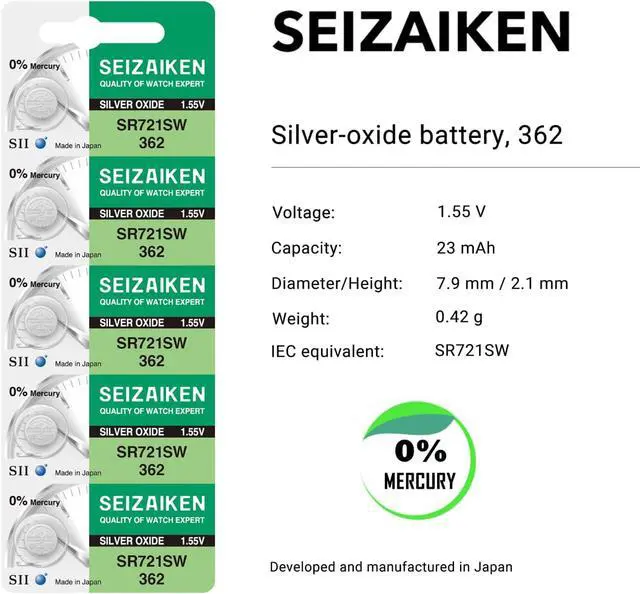 Alt view image 2 of 7 - 362 SR721SW 1.55V 0% Hg Silver Oxide Watch Battery (100 Batteries) Made in Japan by Seiko