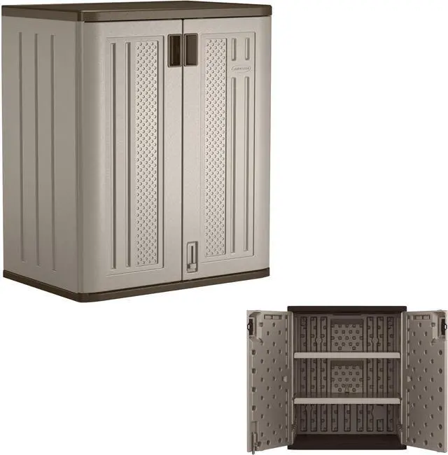 Main image of Suncast Base Storage Cabinet for Garage Organization - 9 Cu. Ft. Lockable 2-Shelf Organizer for Garden Supplies, Paint Cans & Outdoor Tools, Multi-Wall Resin Construction, Platinum