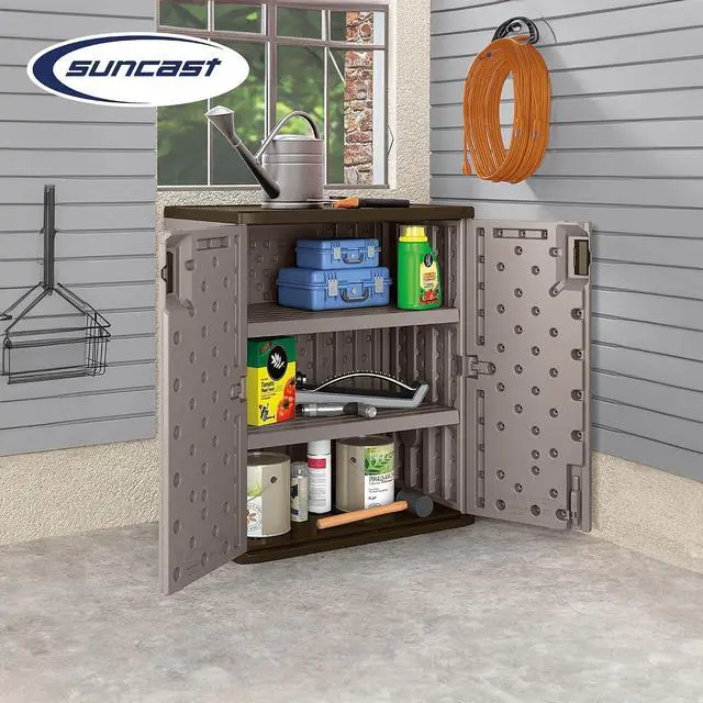 Alt view image 2 of 7 - Suncast Base Storage Cabinet for Garage Organization - 9 Cu. Ft. Lockable 2-Shelf Organizer for Garden Supplies, Paint Cans & Outdoor Tools, Multi-Wall Resin Construction, Platinum