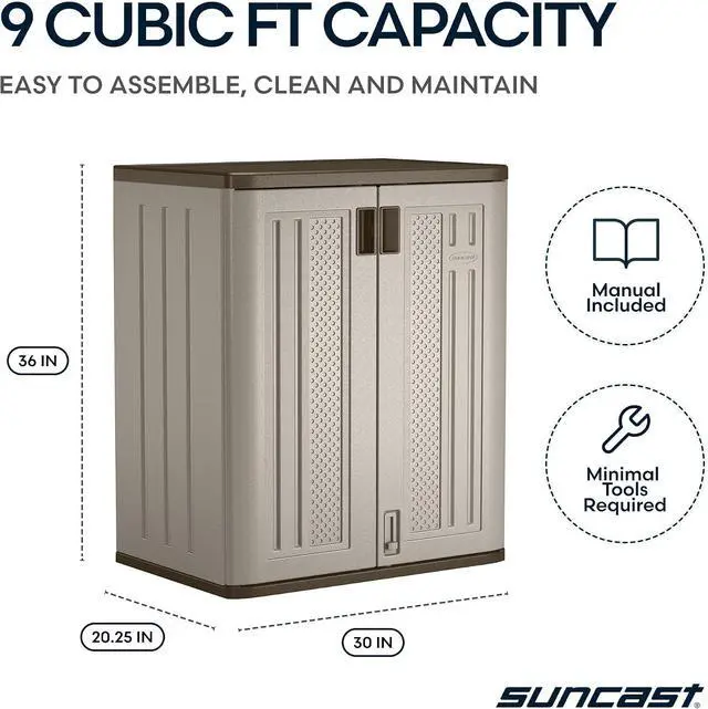 Alt view image 3 of 7 - Suncast Base Storage Cabinet for Garage Organization - 9 Cu. Ft. Lockable 2-Shelf Organizer for Garden Supplies, Paint Cans & Outdoor Tools, Multi-Wall Resin Construction, Platinum