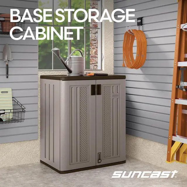 Alt view image 4 of 7 - Suncast Base Storage Cabinet for Garage Organization - 9 Cu. Ft. Lockable 2-Shelf Organizer for Garden Supplies, Paint Cans & Outdoor Tools, Multi-Wall Resin Construction, Platinum