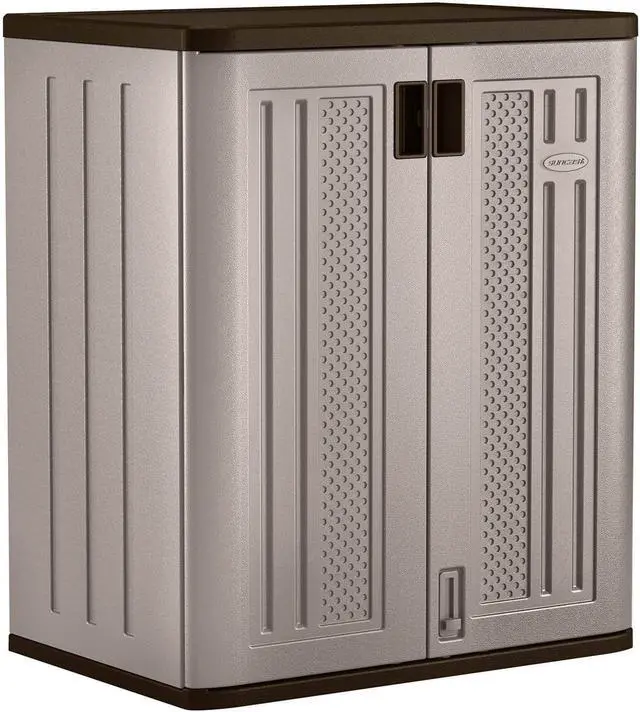 Alt view image 5 of 7 - Suncast Base Storage Cabinet for Garage Organization - 9 Cu. Ft. Lockable 2-Shelf Organizer for Garden Supplies, Paint Cans & Outdoor Tools, Multi-Wall Resin Construction, Platinum