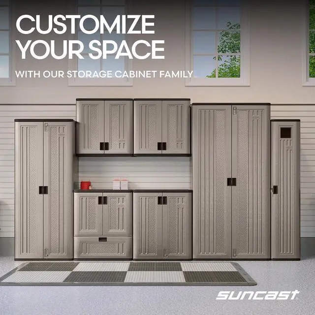 Alt view image 7 of 7 - Suncast Base Storage Cabinet for Garage Organization - 9 Cu. Ft. Lockable 2-Shelf Organizer for Garden Supplies, Paint Cans & Outdoor Tools, Multi-Wall Resin Construction, Platinum