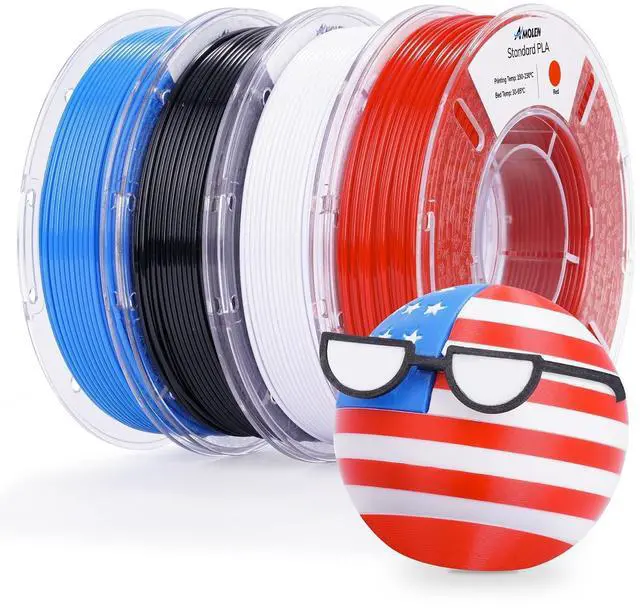 Main image of AMOLEN PLA 3D Printing Filament Bundle 1.75mm, Black White Red Blue 250g X 4 Spools Pack 3D Printier Filament, 1KG/2.2 lb in Total, Compatible with Most FDM Printer and 3D Pen