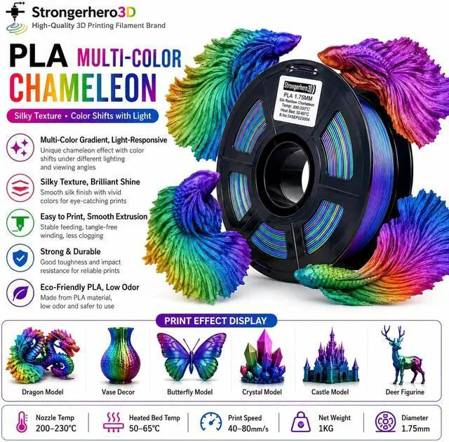 Alt view image 2 of 7 - Rainbow Filament, Multi Color, Chameleon Galaxy, PLA 1.75mm, Net Weight 1kg (2.2lbs), Accuracy +/-0.05mm for Ender3 Cr10