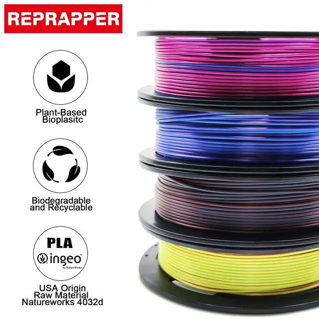 Alt view image 6 of 7 - Reprapper PLA Filament 4 X 250g Color Pack, Triple Color Filament Coextrusion PLA 1.75mm for 3D Printer, 4 Spools Silk Rose/Blue/Green, red-blue1-gold, Purple/Blue/Yellow, Gold/Copper/Black