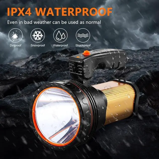 Alt view image 3 of 7 - Flashlights High Lumens, 9000LM Spotlight Flashlights, IPX5 Waterproof Flashlight, 20h Ultra-Long Standby Rechargeable Spotlight with Shoulder Strap for Camping with USB Output