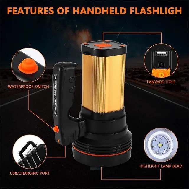 Alt view image 4 of 7 - Flashlights High Lumens, 9000LM Spotlight Flashlights, IPX5 Waterproof Flashlight, 20h Ultra-Long Standby Rechargeable Spotlight with Shoulder Strap for Camping with USB Output