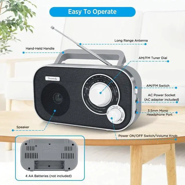 Alt view image 3 of 7 - DreamSky AM FM Portable Radio Plug in Wall or Battery Operated | for Home & Outdoor, Strong Reception, Large Dial Easy to Use, Transistor Antenna, Headphone Jack, Elderly Seniors Small Gifts