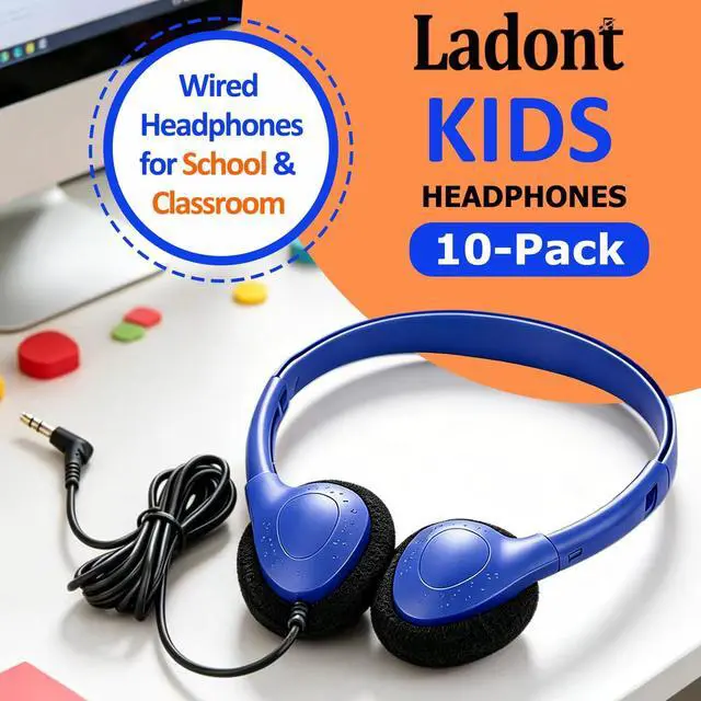 Alt view image 2 of 7 - 10 Pack Kids Headphones Bulk for School Classroom, Multi Color Wired Student Headsets, Adjustable On-Ear Earbuds for Chromebook Computer Lab Testing, 3.5mm Jack