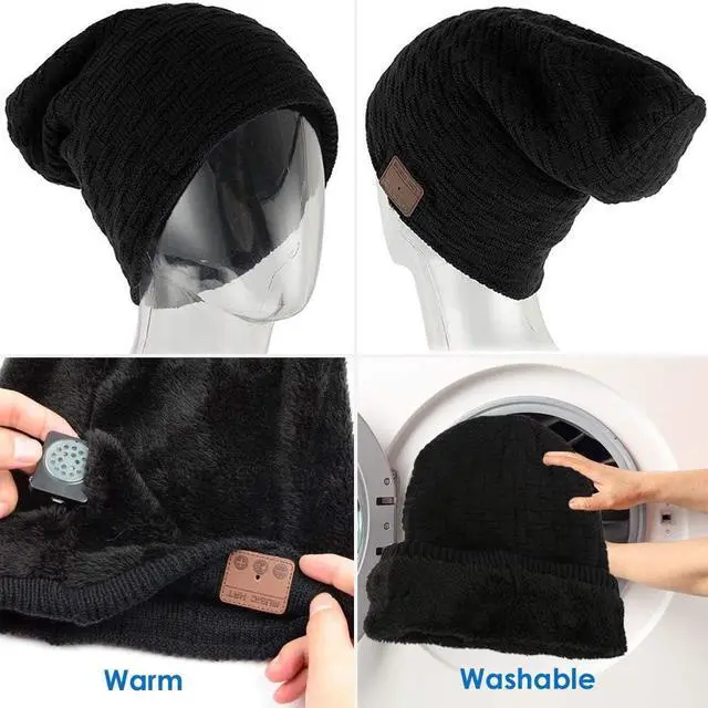 Alt view image 6 of 7 - Wireless Beanie for Women Men Wireless Hat with Headphones Music Winter Hats Smart Beanies Headset Warm Musical Headphone with Built-in Mic Handsfree for Skiing Skateboarding Jogging Boys Girls Black