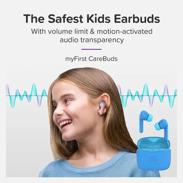 Alt view image 2 of 7 - myFirst Carebuds Kids Earbuds Bluetooth 85dB Volume Limit for Small Ears | Anit-lost strap, 6 size ear tips, built-in mic, school travel airplane, for kids ages 3-12, boys and girls, birthday gift
