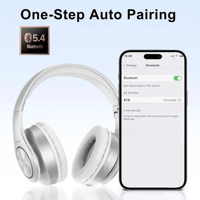 Alt view image 4 of 7 - TUINYO Bluetooth Headphones Wireless, Over Ear Stereo Wireless Headset 40H Playtime with deep bass, Soft Memory-Protein Earmuffs, Built-in Mic Wired Mode PC/Cell Phones/TV-White