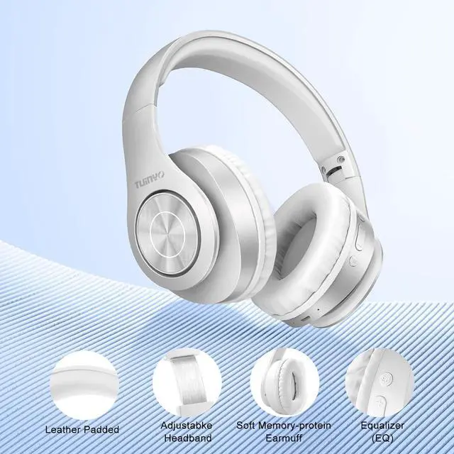 Alt view image 5 of 7 - TUINYO Bluetooth Headphones Wireless, Over Ear Stereo Wireless Headset 40H Playtime with deep bass, Soft Memory-Protein Earmuffs, Built-in Mic Wired Mode PC/Cell Phones/TV-White