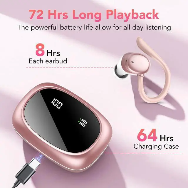 Alt view image 3 of 7 - KT1 Bluetooth Headphones Wireless Earbuds 72hrs Playtime Wireless Charging Case Digital Display, Ear Buds with Earhook,IPX7 Waterproof, Deep Bass 2.0,Over-Ear Earphones for Sport Running
