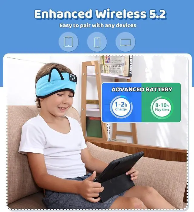 Alt view image 3 of 7 - KIDSBAND Kids Headphones Bluetooth Headband Adjustable, Wireless Sleep Headphones for Kids with Wired Playback 3.5 MM Jack for Teens/Boys/Girls/Smartphones/School/Kindle/Airplane Travel/Plane/Tablet