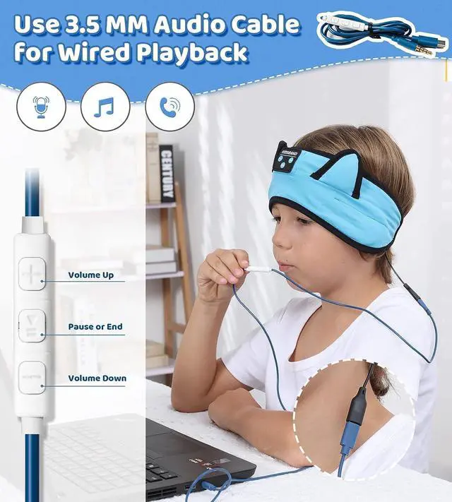 Alt view image 6 of 7 - KIDSBAND Kids Headphones Bluetooth Headband Adjustable, Wireless Sleep Headphones for Kids with Wired Playback 3.5 MM Jack for Teens/Boys/Girls/Smartphones/School/Kindle/Airplane Travel/Plane/Tablet