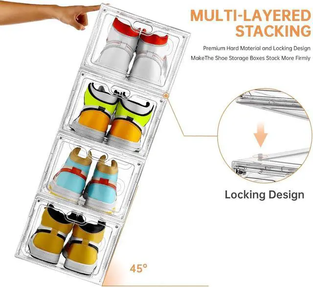 Alt view image 4 of 7 - INSTY 6 Pack Large Shoe Storage Box, Clear Shoe Storage Organizer with Magnetic Door, Stackable,Shoe Containers For Display Sneakers, Easy Assembly, Fit up to US Size 12, Clear