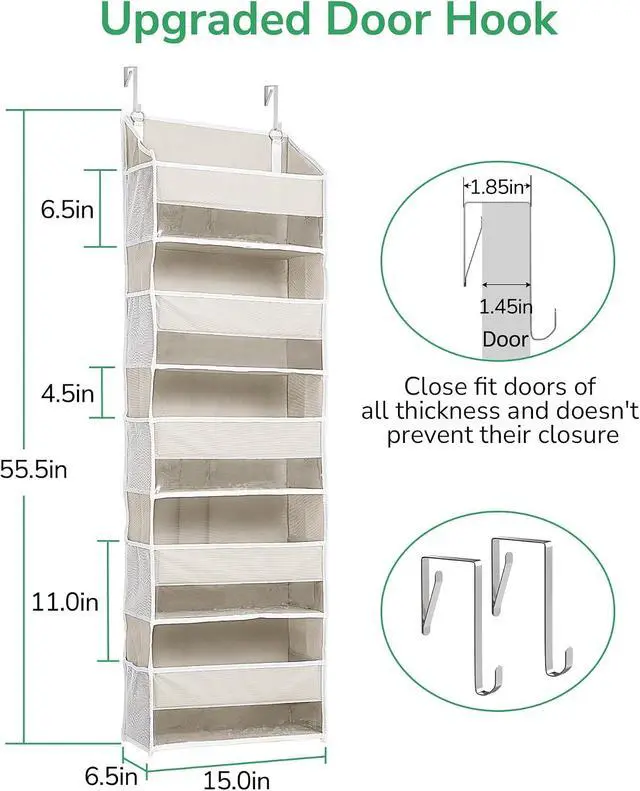 Alt view image 4 of 7 - ULG 1-Pack Over Door Organizer with 5 Large Pockets 10 Mesh Side Pockets, 44 lbs Weight Capacity Hanging Storage Organizer with Clear Window for Bedroom Bathroom Kitchen, RV, Camper, Beige