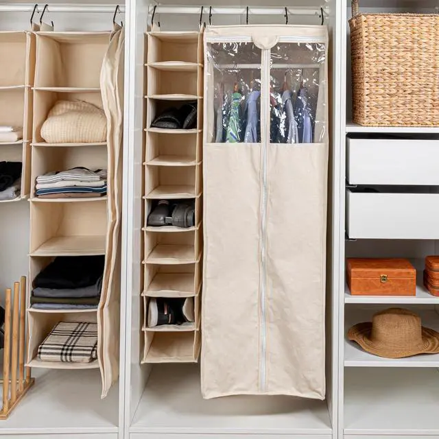 Alt view image 2 of 5 - Household Essentials Hanging Shoe Organizer, 10 Wide Cubbies with Cedarline Pockets, Heavy-Duty Cotton Canvas, Removable and Industrial Hooks, Natural
