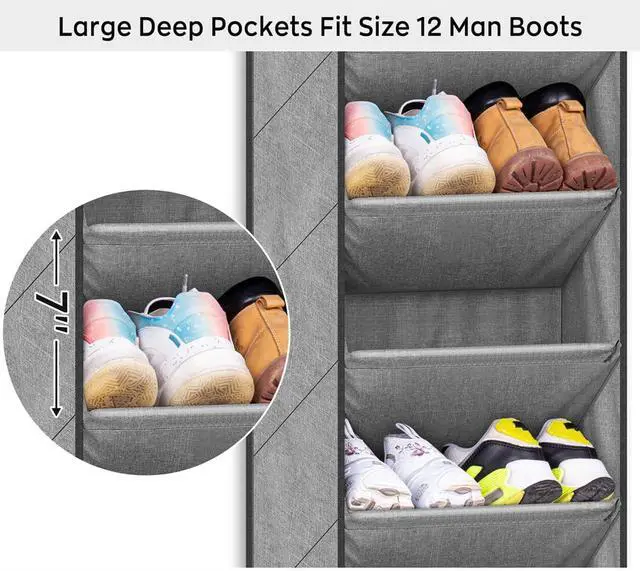 Alt view image 3 of 7 - SLEEPING LAMB Over The Door Shoe Organizer for Closet with Large Deep Pockets, Narrow Shoe Rack for Door Hanging Boots Storage, Grey