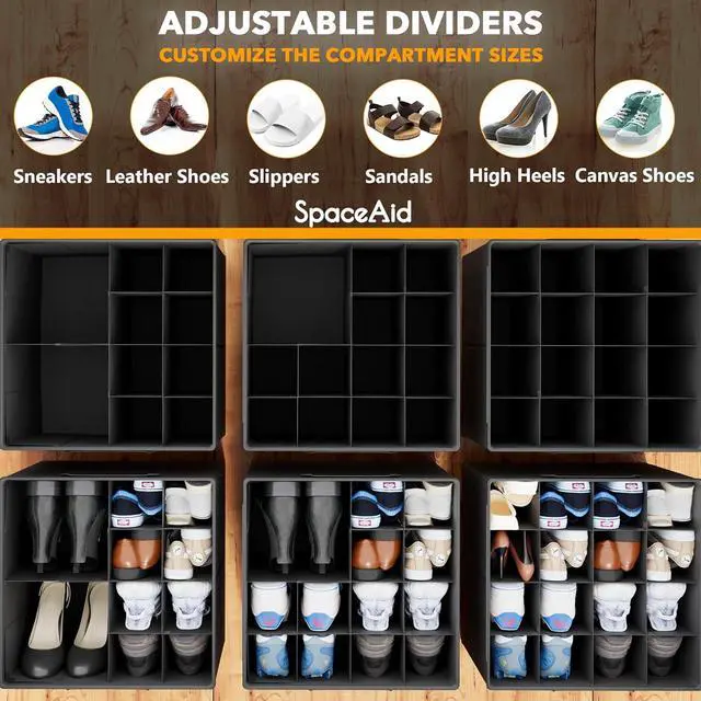 Alt view image 3 of 6 - SpaceAid Shoe Organizer for Closet, 2 Pack Foldable Shoe Storage Containers Baskets Boxes Bins w/Adjustable Dividers, Fits 16-32 Pairs, Black