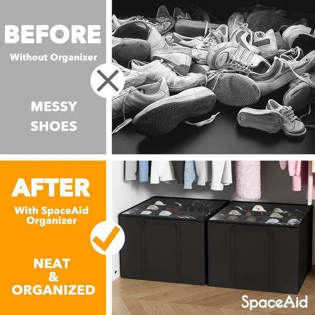 Alt view image 2 of 6 - SpaceAid Shoe Organizer for Closet, 2 Pack Foldable Shoe Storage Containers Baskets Boxes Bins w/Adjustable Dividers, Fits 16-32 Pairs, Black