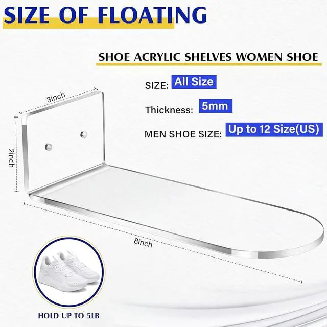 Alt view image 2 of 7 - Treela 30 Pack Floating Shoe Display Shelf for Closet Acrylic Clear Shoe Wall Shelf Wall Mounted Easy to Install Sneaker Shelves for Collections, Includes Cross Screws, Expansion Tubes (Rectangular)