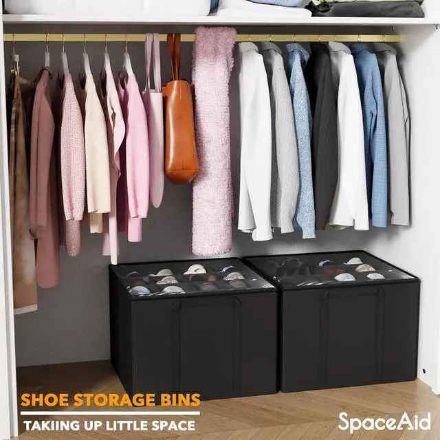 Alt view image 6 of 6 - SpaceAid Shoe Organizer for Closet, 2 Pack Foldable Shoe Storage Containers Baskets Boxes Bins w/Adjustable Dividers, Fits 16-32 Pairs, Black