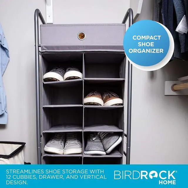 Alt view image 2 of 7 - BIRDROCK HOME 12 Cubby Vertical Shoe Rack Organizer with Large Drawer - Grey - Free Standing Tower for Closet - Sturdy Metal Frame - Space Saver - Bedroom Organization