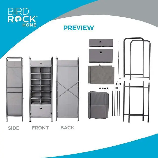 Alt view image 3 of 7 - BIRDROCK HOME 12 Cubby Vertical Shoe Rack Organizer with Large Drawer - Grey - Free Standing Tower for Closet - Sturdy Metal Frame - Space Saver - Bedroom Organization