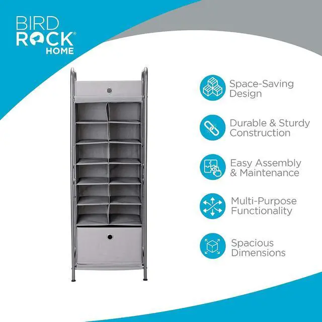 Alt view image 5 of 7 - BIRDROCK HOME 12 Cubby Vertical Shoe Rack Organizer with Large Drawer - Grey - Free Standing Tower for Closet - Sturdy Metal Frame - Space Saver - Bedroom Organization