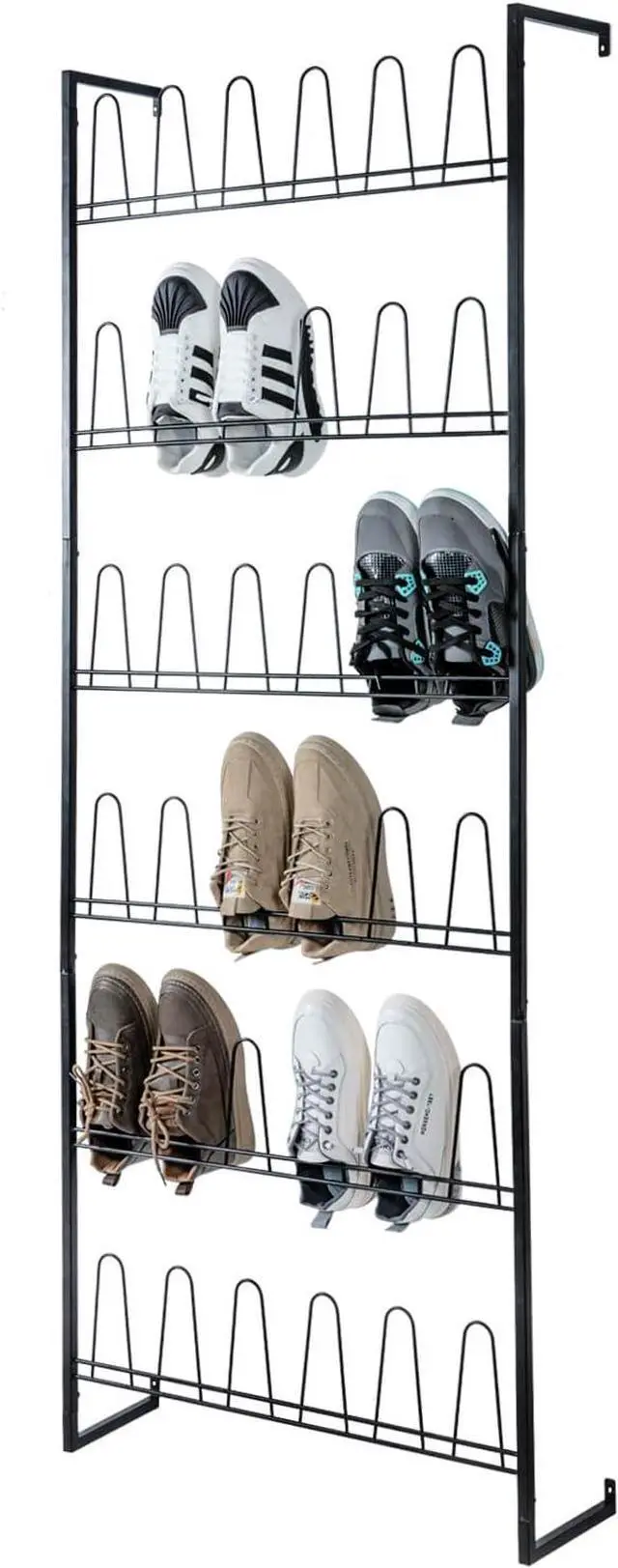 Main image of MyGift 70 Inch Black Metal Wall Mounted Shoe Rack with 36 Hooks