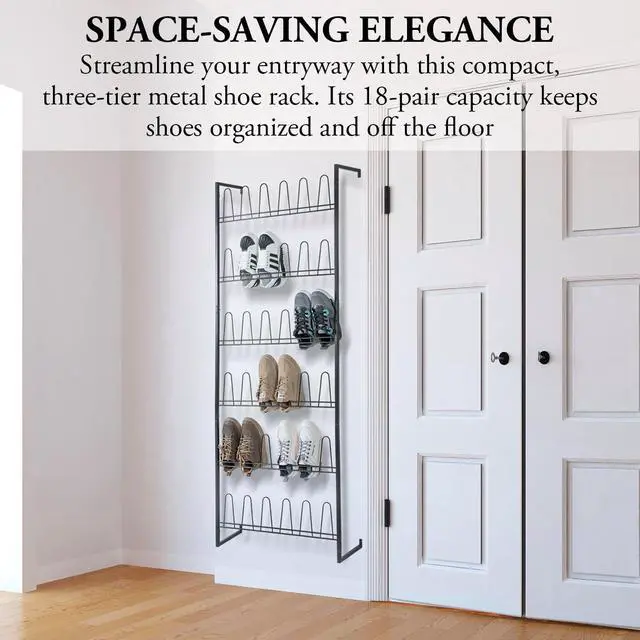 Alt view image 3 of 7 - MyGift 70 Inch Black Metal Wall Mounted Shoe Rack with 36 Hooks
