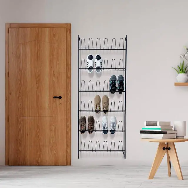 Alt view image 4 of 7 - MyGift 70 Inch Black Metal Wall Mounted Shoe Rack with 36 Hooks