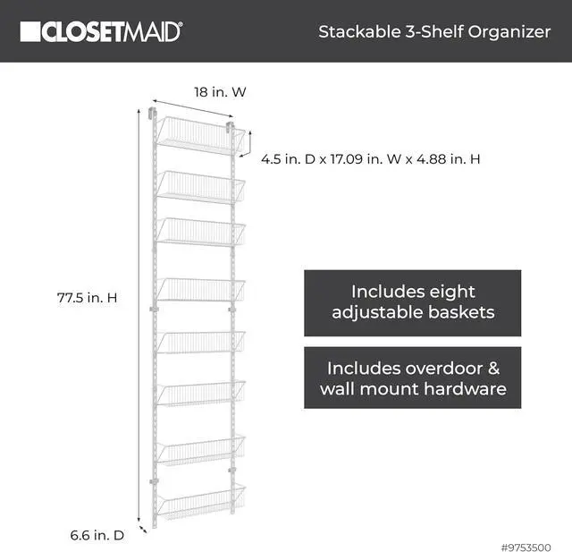 Alt view image 4 of 5 - ClosetMaid 97535 Wall or Door Adjustable (8) Basket Organizer, 6.614-Inch D x 77.165-Inch H x 17.992-Inch W, White
