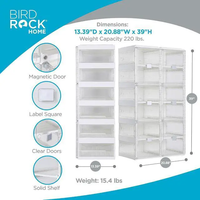 Alt view image 3 of 7 - BIRDROCK HOME Foldable Shoe Rack Organizer for Closet Floor | 6-Tier Freestanding Storage Cabinet with 12 Clear Storage Cubes & Door | Shoe Case for Heels, Sneakers, Loafers, Sandals | White