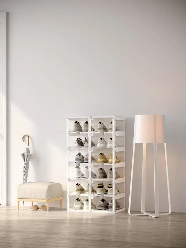 Alt view image 7 of 7 - BIRDROCK HOME Foldable Shoe Rack Organizer for Closet Floor | 6-Tier Freestanding Storage Cabinet with 12 Clear Storage Cubes & Door | Shoe Case for Heels, Sneakers, Loafers, Sandals | White
