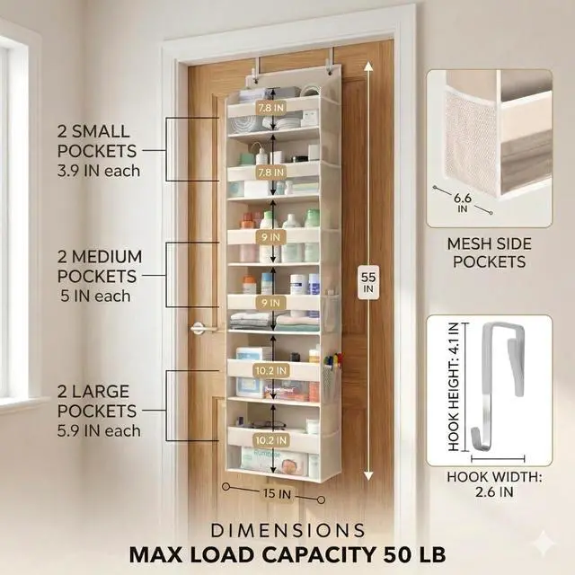 Alt view image 2 of 7 - HOMELUX THEORY Over the Door Organizer, 6-Tier, 100D Fabric, Ivory 2pc