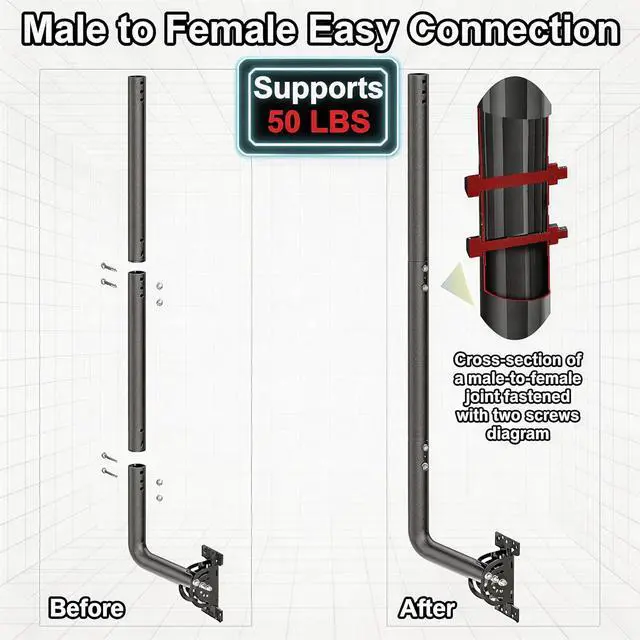 Alt view image 3 of 7 - 40" Heavy Duty Adjustable Antenna Wall Mount Iron Spray Paint J-Pole Solid Mast Bracket for Starlink (Adapter Required), TV Antennas, Weather Stations 1.38" OD Pivot Base (Black)