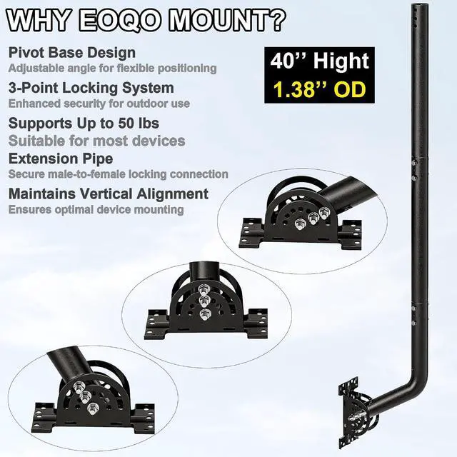Alt view image 7 of 7 - 40" Heavy Duty Adjustable Antenna Wall Mount Iron Spray Paint J-Pole Solid Mast Bracket for Starlink (Adapter Required), TV Antennas, Weather Stations 1.38" OD Pivot Base (Black)