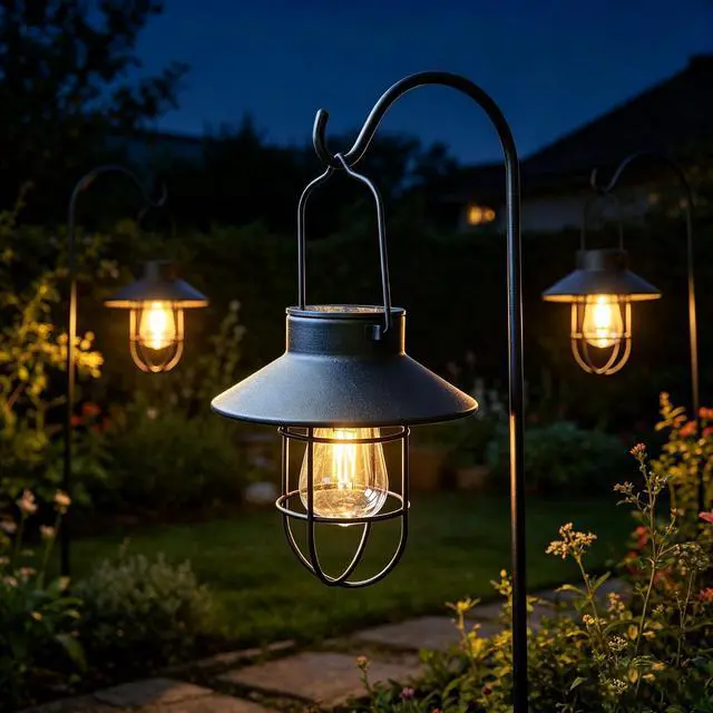 Alt view image 2 of 7 - Solar Lantern 2pack Outdoor Hanging Light- Waterproof Vintage Metal Light with Shepherd Hook Decorative for Patio, Backyard, Porch, Yard (Black)