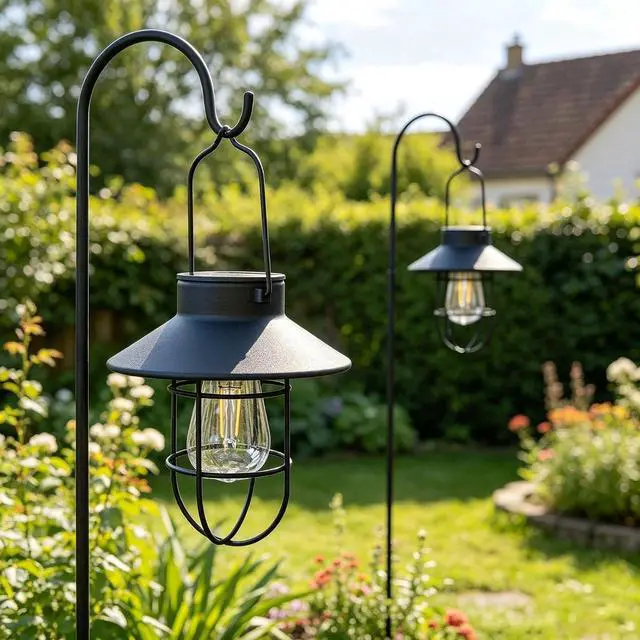 Alt view image 3 of 7 - Solar Lantern 2pack Outdoor Hanging Light- Waterproof Vintage Metal Light with Shepherd Hook Decorative for Patio, Backyard, Porch, Yard (Black)