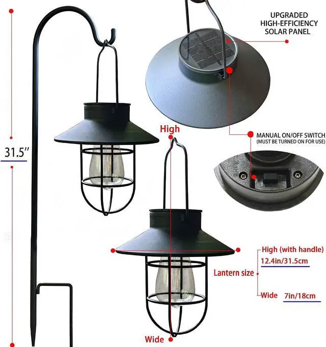 Alt view image 4 of 7 - Solar Lantern 2pack Outdoor Hanging Light- Waterproof Vintage Metal Light with Shepherd Hook Decorative for Patio, Backyard, Porch, Yard (Black)